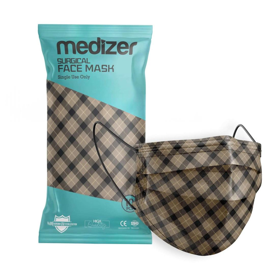Medizer 3 Katlı Meltblown Siyah - Kahverengi Ekose Desenli Cerrahi Maske Telli 10'lu - 30 Adet