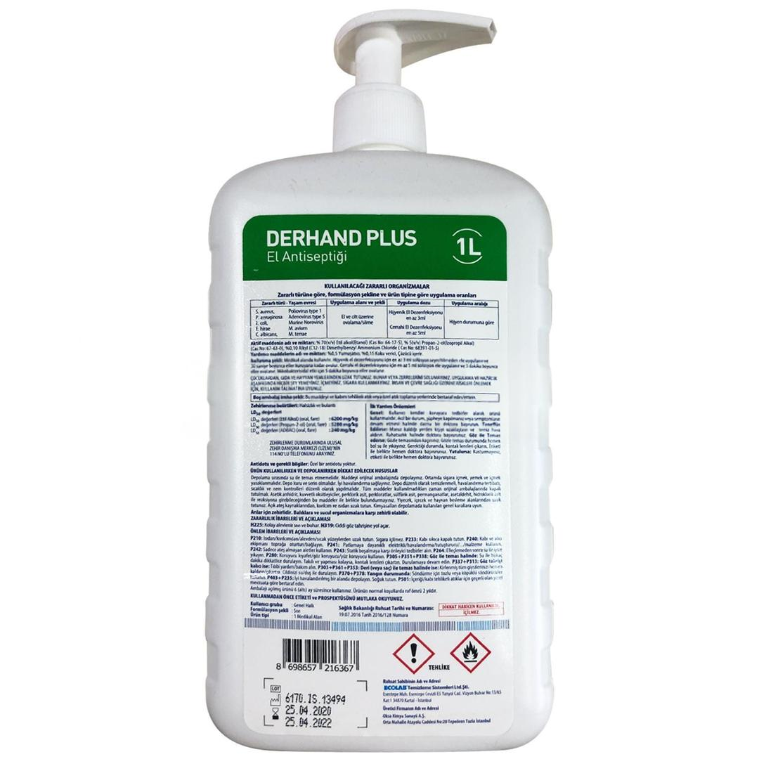 Derhand Plus El Dezenfektanı Pompalı 1 lt (Biyosidal Ruhsatlı)