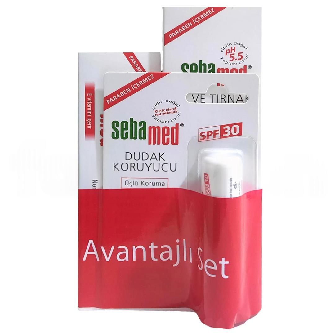 Sebamed El ve Tırnak Balsamı 75 ml + Sebamed Nemlendirici Krem 50 ml + Sebamed Dudak Koruyucu SPF30+