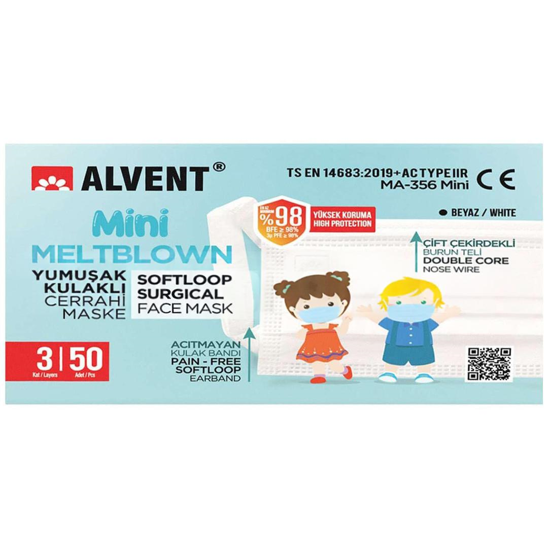 Alvent 3 Katlı Meltblown Çocuk Beyaz Cerrahi Maske Telli 50'li (ÜTS Kayıtlı)