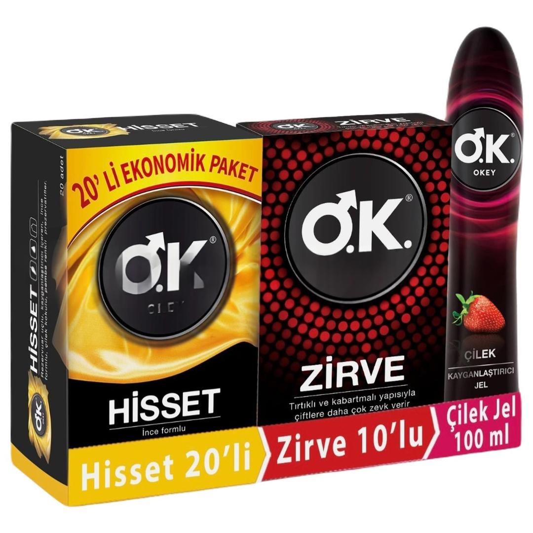 Okey Prezervatif Hisset 20'li + Zirve 10'lu + Çilekli Kayganlaştırıcı Jel 100 ml