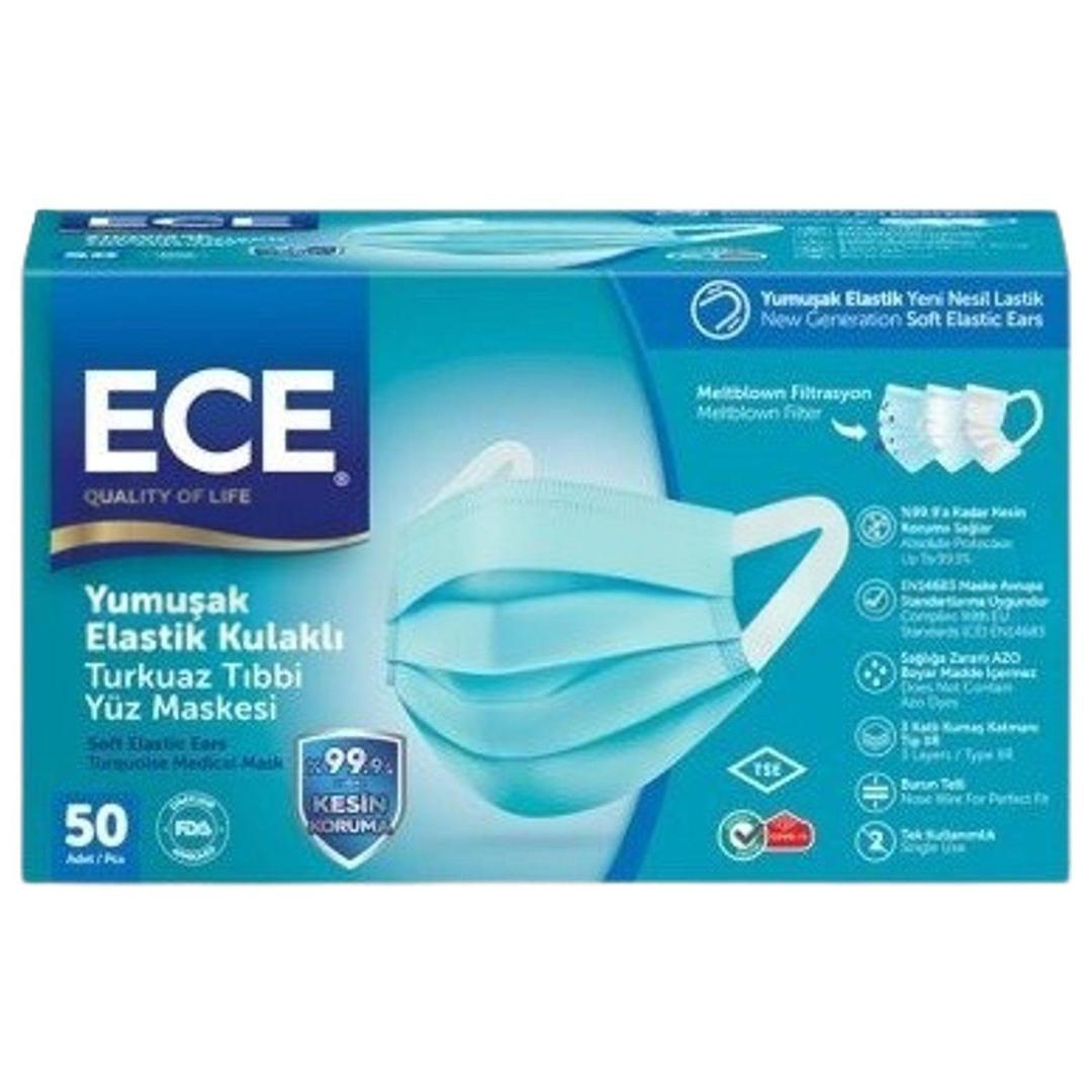 Ece Maske 3 Katlı Elastik Kulaklıklı Tıbbi Yüz Maskesi Tek Kullanımlık Turkuaz 50'li