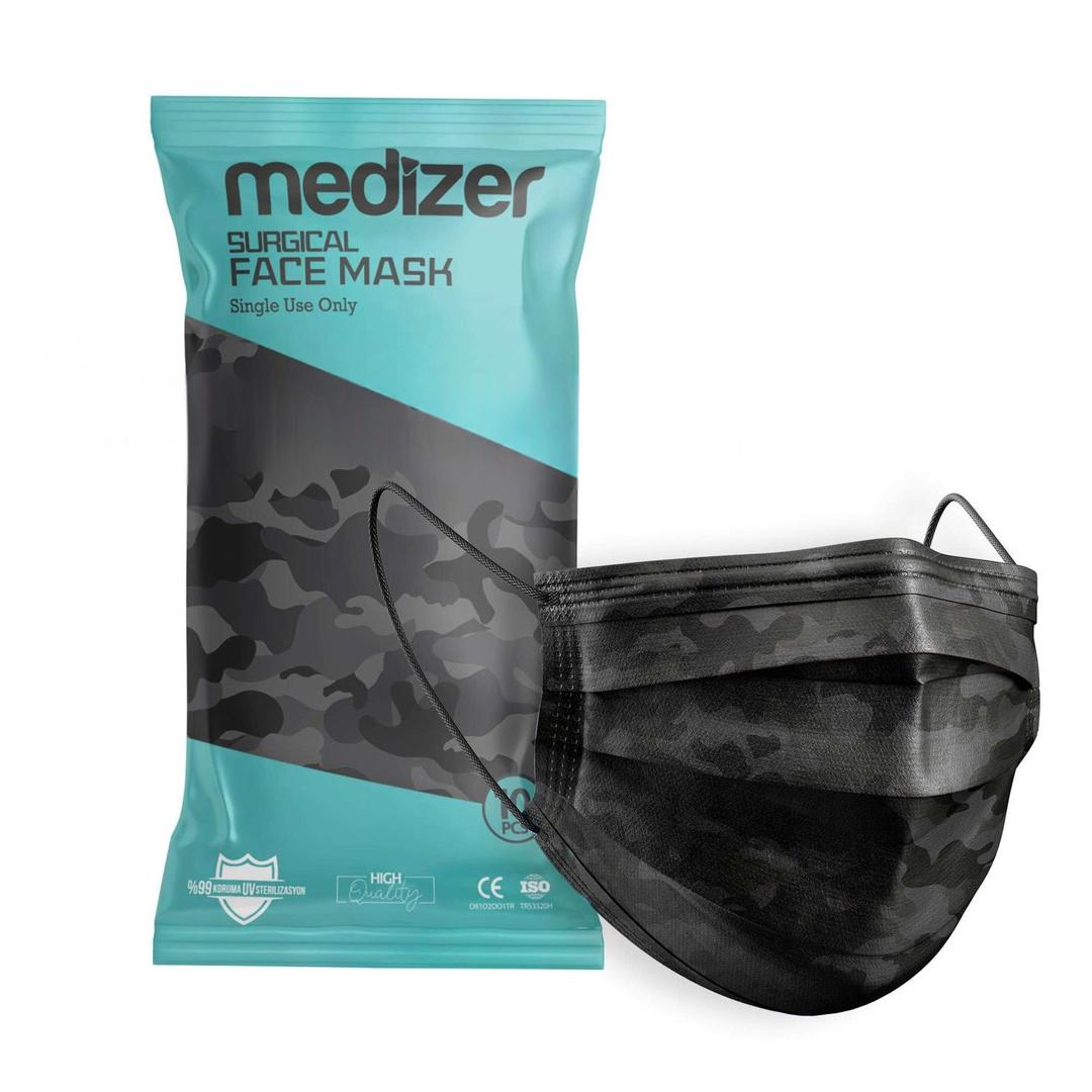 Medizer 3 Katlı Meltblown Siyah Kamuflaj Desenli Cerrahi Maske Telli 10'lu - 40 Adet