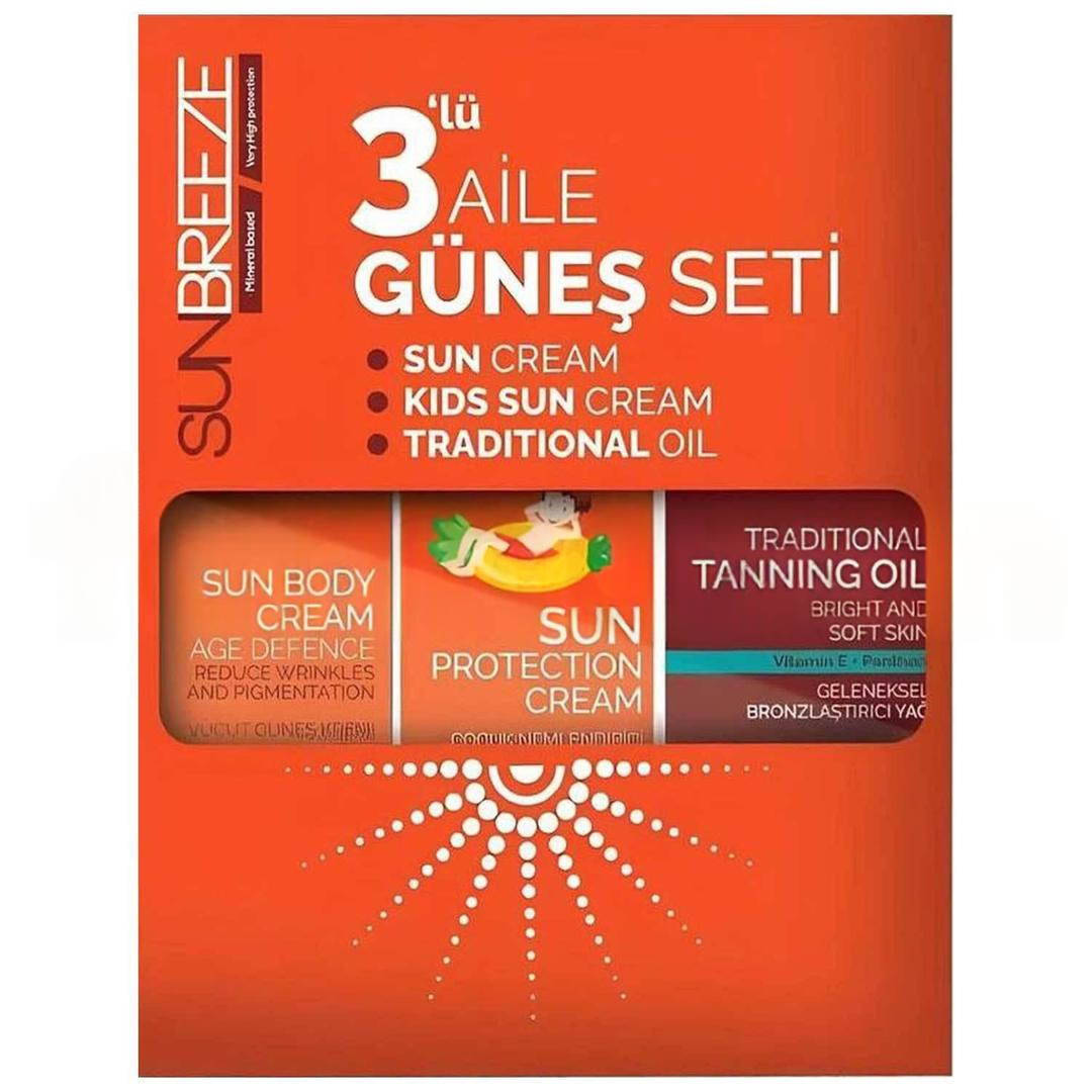 Sunbreeze 3'lü Aile Güneş Seti - Yüz Güneş Kremi SPF50+ 100 ml + Bronzlaştırıcı Yağ SPF20+ 150 ml + Çoçuk Güneş Kremi SPF50+ 100 ml