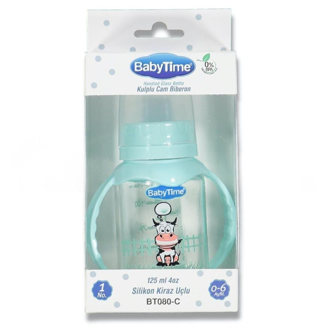 Baby Time Silikon Kiraz Uçlu Kulplu Cam Biberon 125 ml