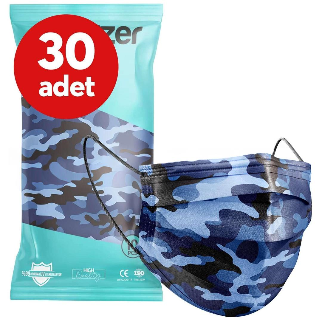 Medizer 3 Katlı Meltblown Mavi Kamuflaj Desenli Cerrahi Maske Telli 10'lu - 30 Adet