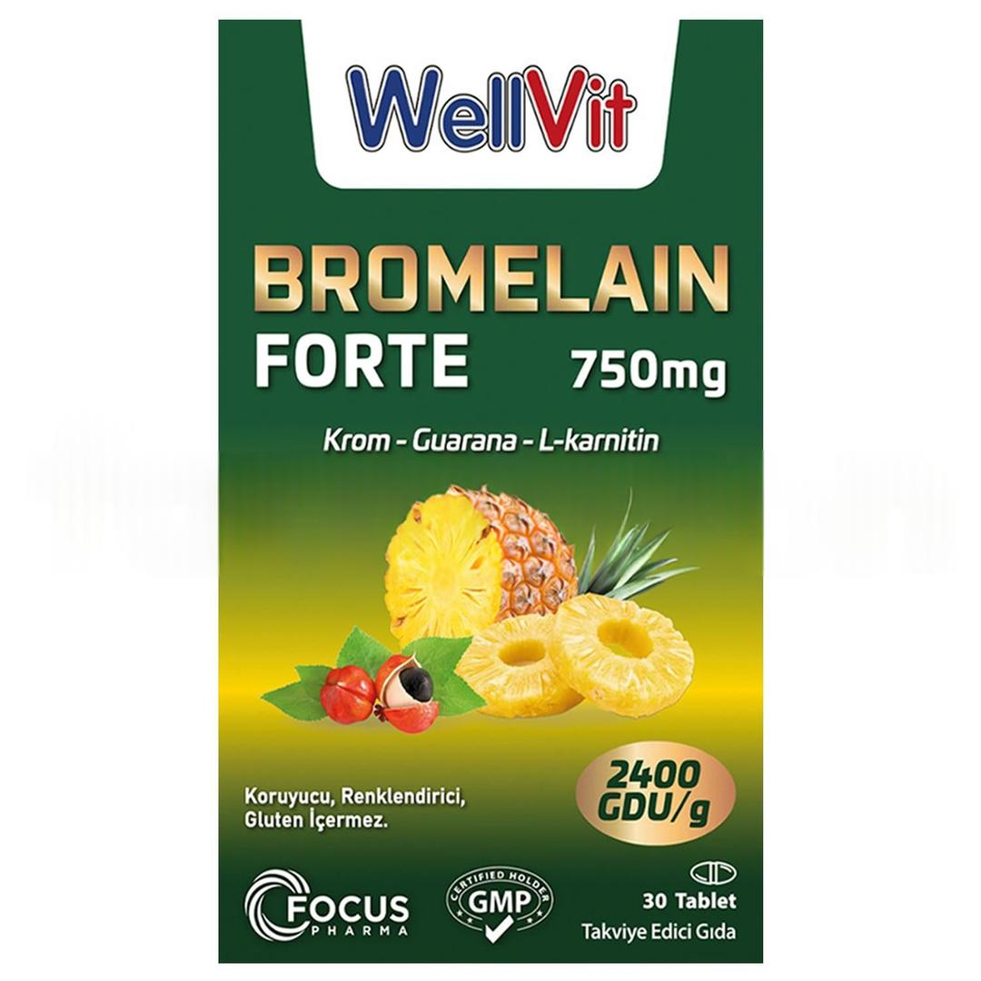 Wellvit Bromelain Fort 750 mg Guarana L-Karnitin Krom 30 Tablet