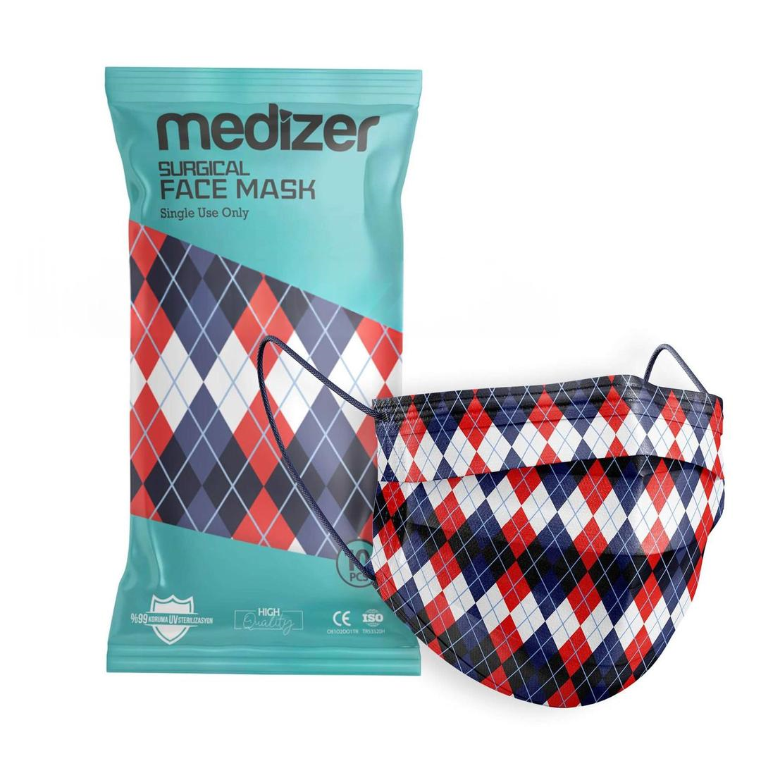 Medizer 3 Katlı Meltblown Lacivert - Kırmızı Ekose Desenli Cerrahi Maske Telli 10'lu - 40 Adet