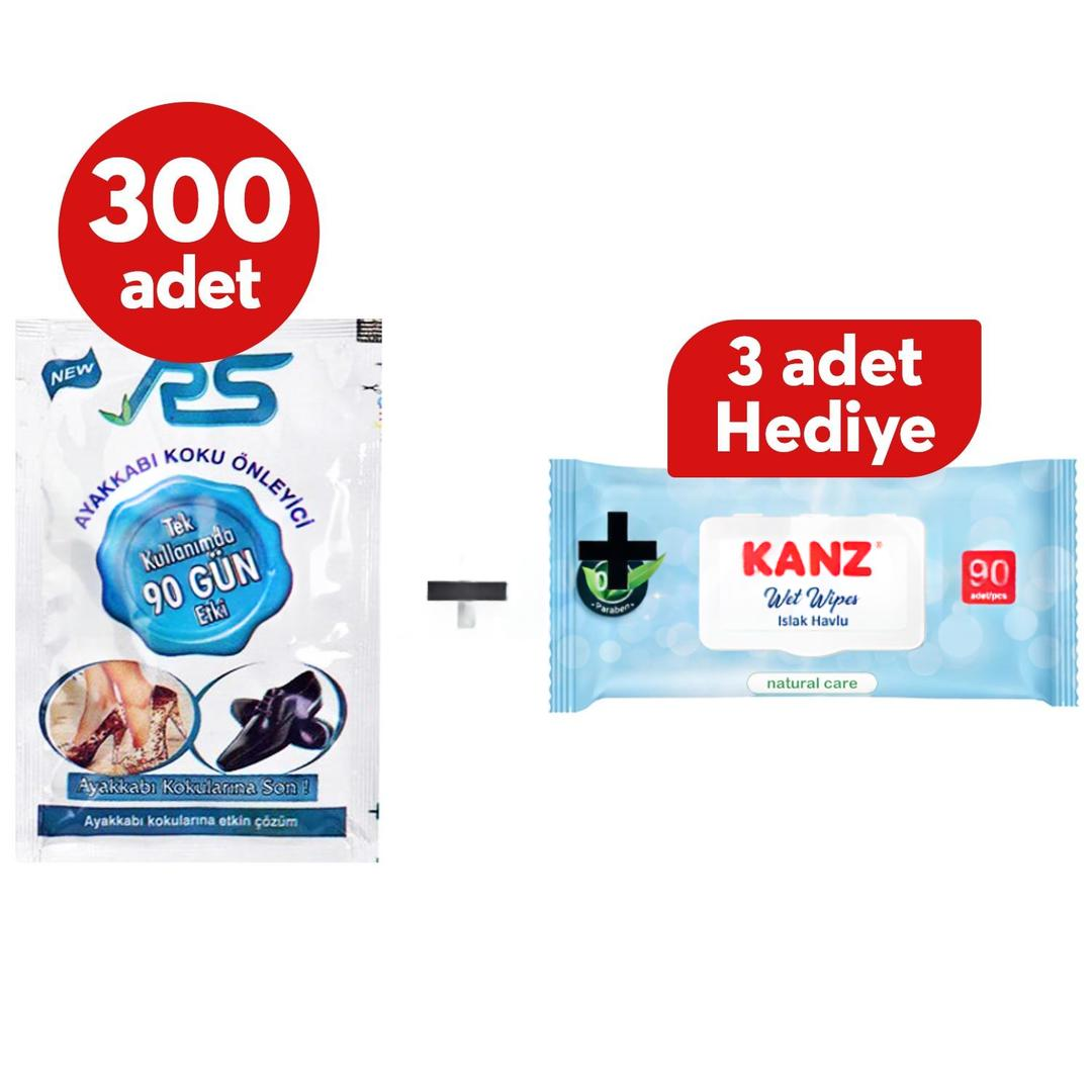 RS Ayakkabı ve Ayak Koku Önleyici Toz 10 gr 300 Adet - Kanz Islak Mendil 90 Yaprak 3'lü Hediyeli