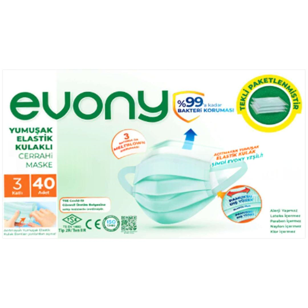 Evony 3 Katlı Ultrasonik Tekli Paketlenmiş Cerrahi Maske Telli 40'lı