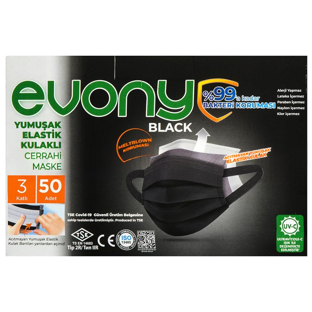 Evony 3 Katlı Siyah Cerrahi Maske Telli 50'li (ÜTS Kayıtlı)