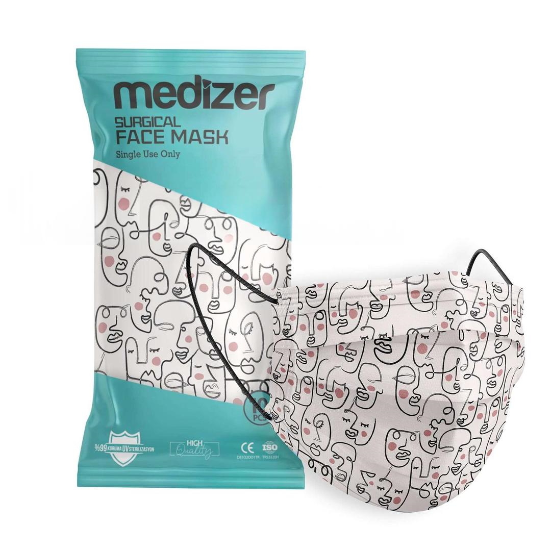 Medizer 3 Katlı Meltblown One Line Art Desenli Cerrahi Maske Telli 10'lu