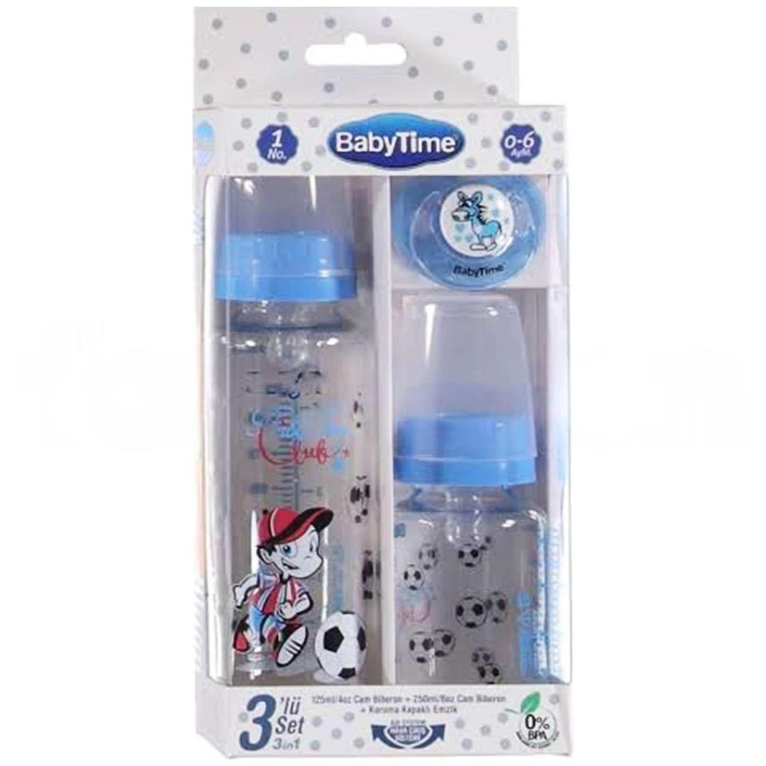 Baby Time 3'lü Set - Cam Biberon 125 ml + Cam Biberon 250 ml + Koruma Kapaklı Emzik No: 1 - Mavi