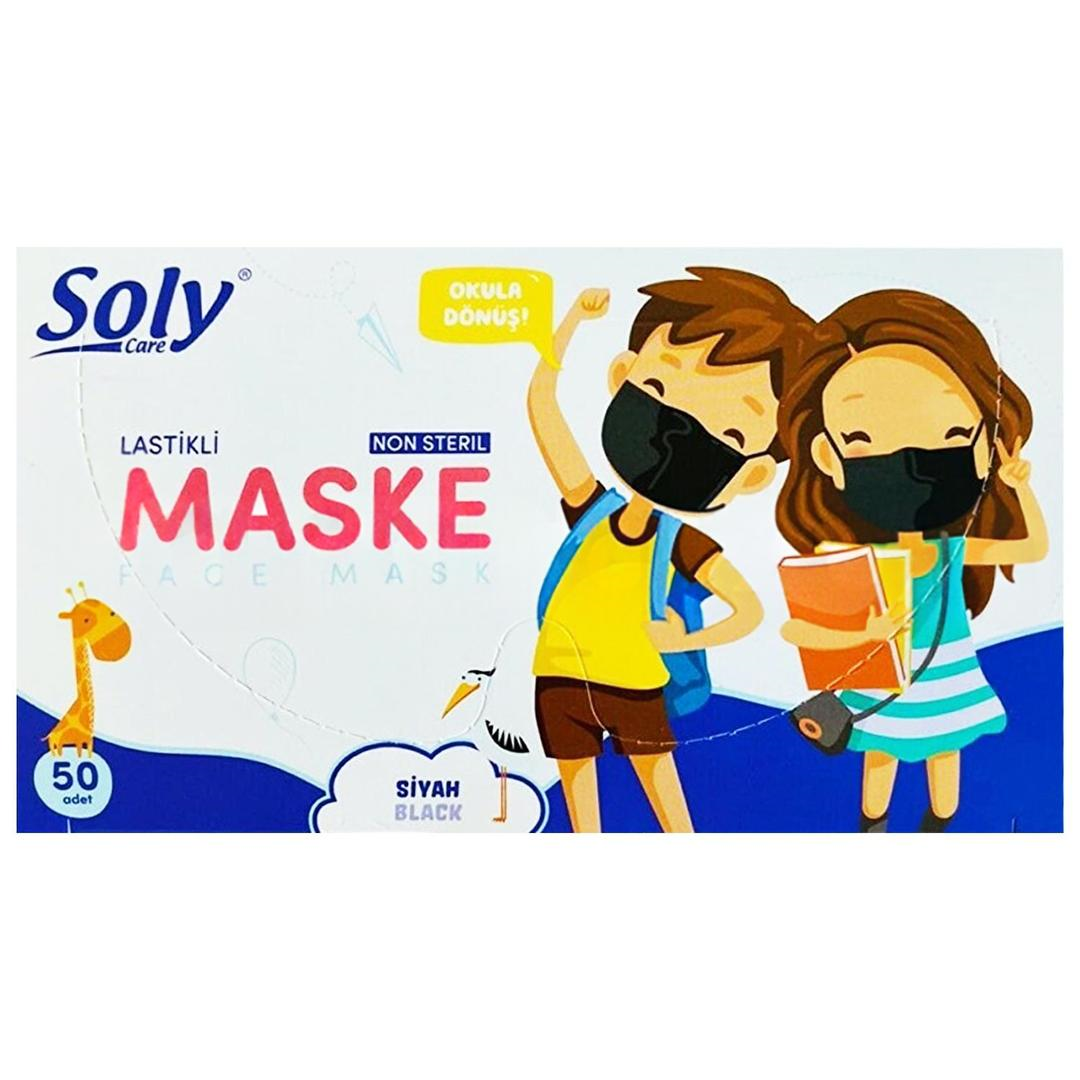 Soly 3 Katlı Full Ultrasonik Siyah Çocuk Cerrahi Maske Telli 50'li
