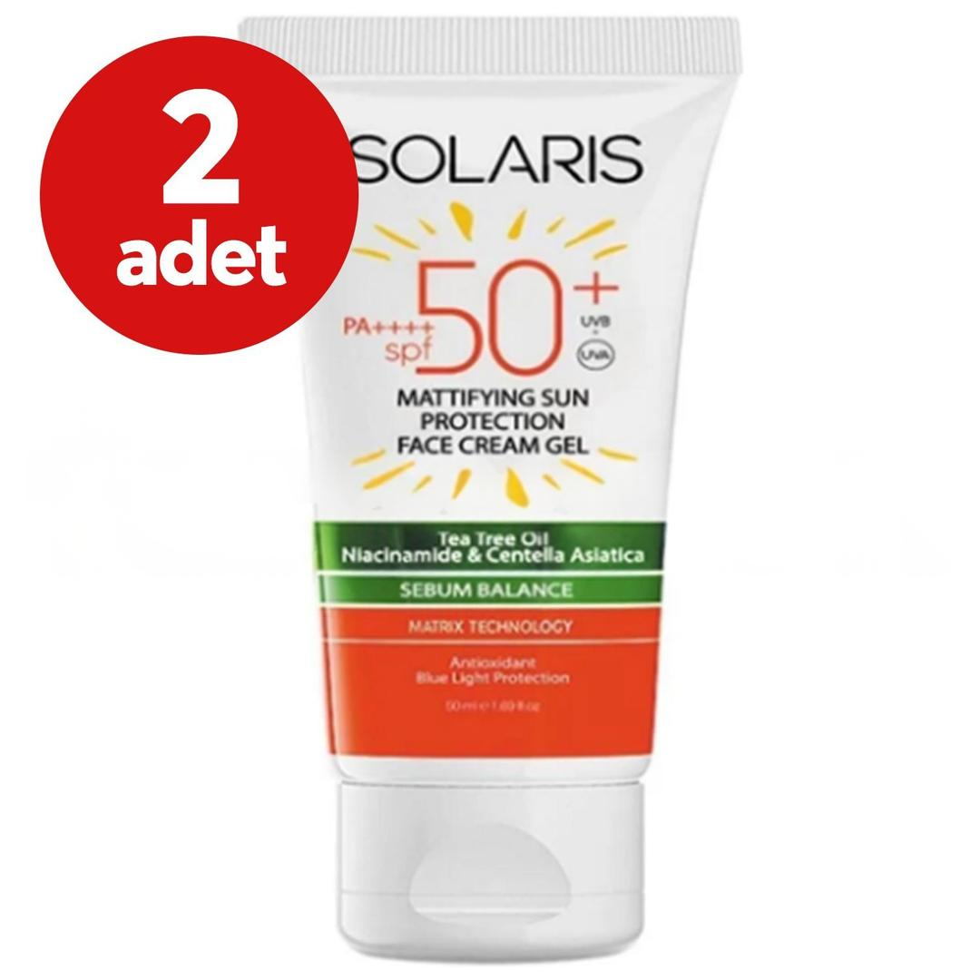 Solaris Yağlı Cilt Tipleri İçin Mat Bitişli Yaşlanma Karşıtı Jel Güneş Kremi SPF50+ 50 ml - 2 Adet