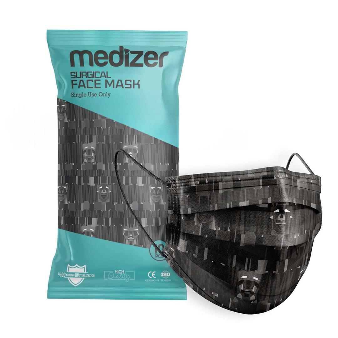 Medizer 3 Katlı Meltblown Siyah Erkek Desenli Cerrahi Maske Telli 10'lu - 40 Adet