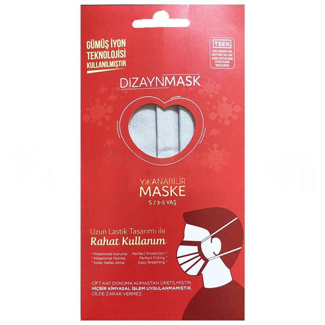 Dizayn Mask Gümüş İyonlu Yıkanabilir Bez Maske gri Small 3-5 Yaş