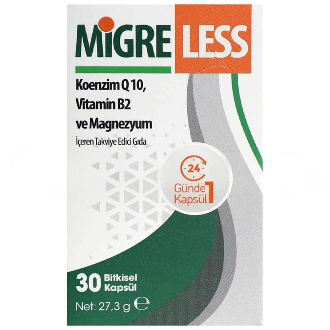 Migreless Koenzimq 10 Vitamin B2 ve Magnezyum İçeren Takviye Edici Gıda 30 Bitkisel Kapsül Net 27.3 gr
