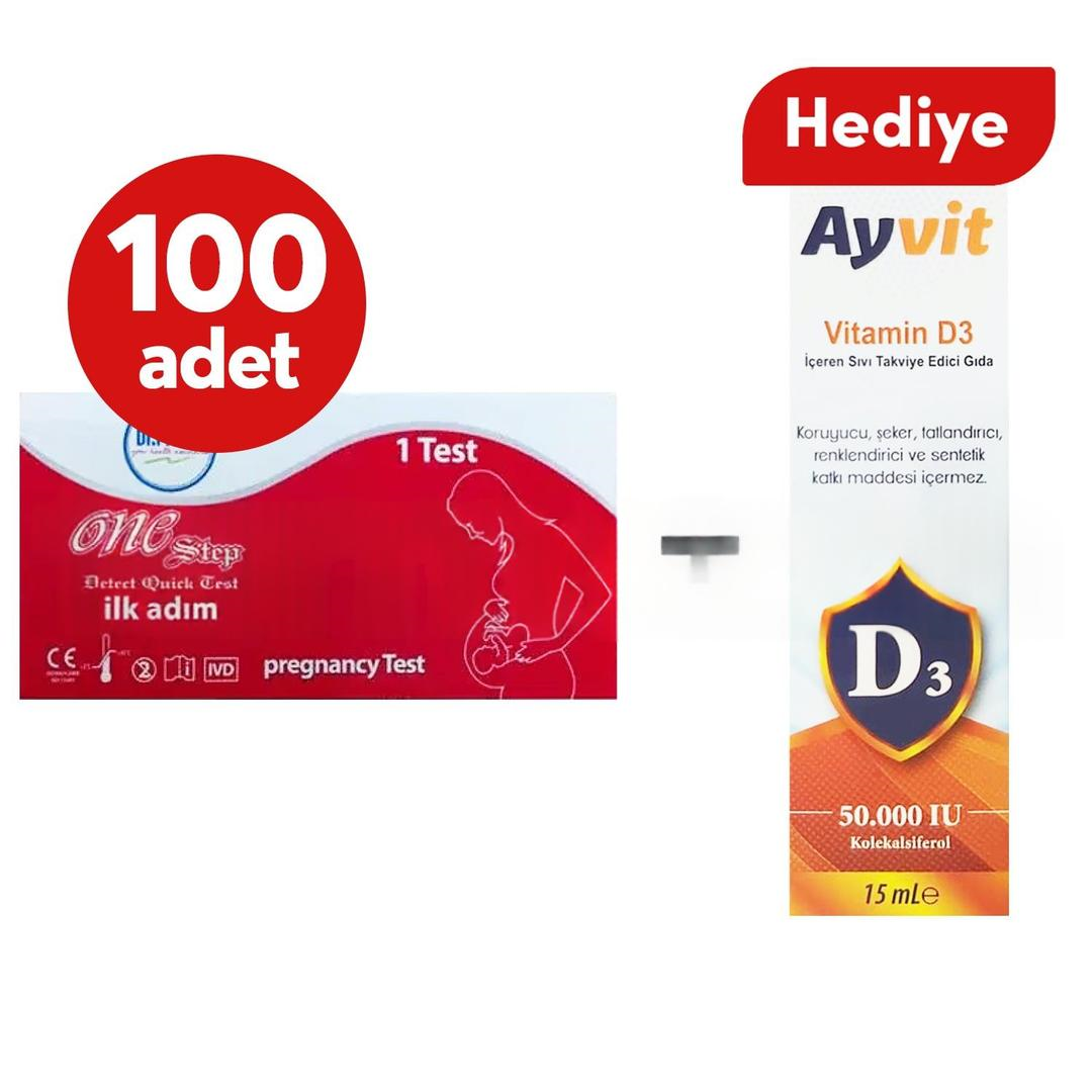 One Step Gebelik Testi 100'lü + Ayvit Vitamin D3 Damla Hediye