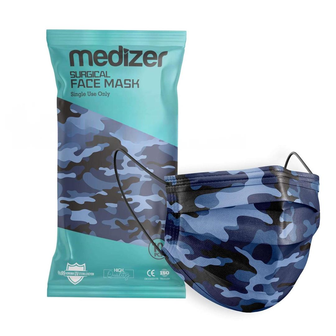 Medizer 3 Katlı Meltblown Mavi Kamuflaj Desenli Cerrahi Maske Telli 10'lu - 40 Adet
