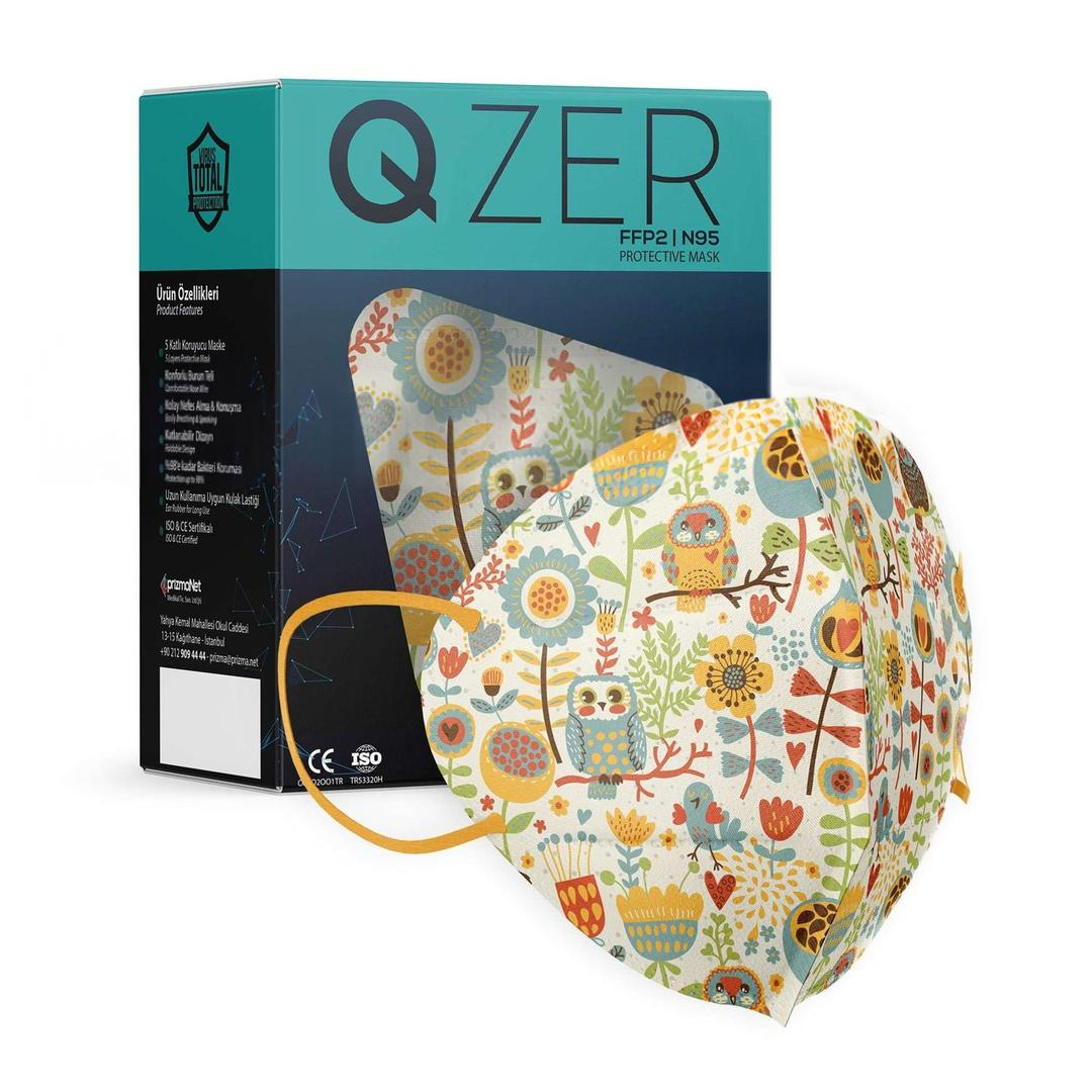 Medizer 5 Katlı FFP2 N95 Qzer Baykuş Desenli Koruyucu Maske Telli 50'li