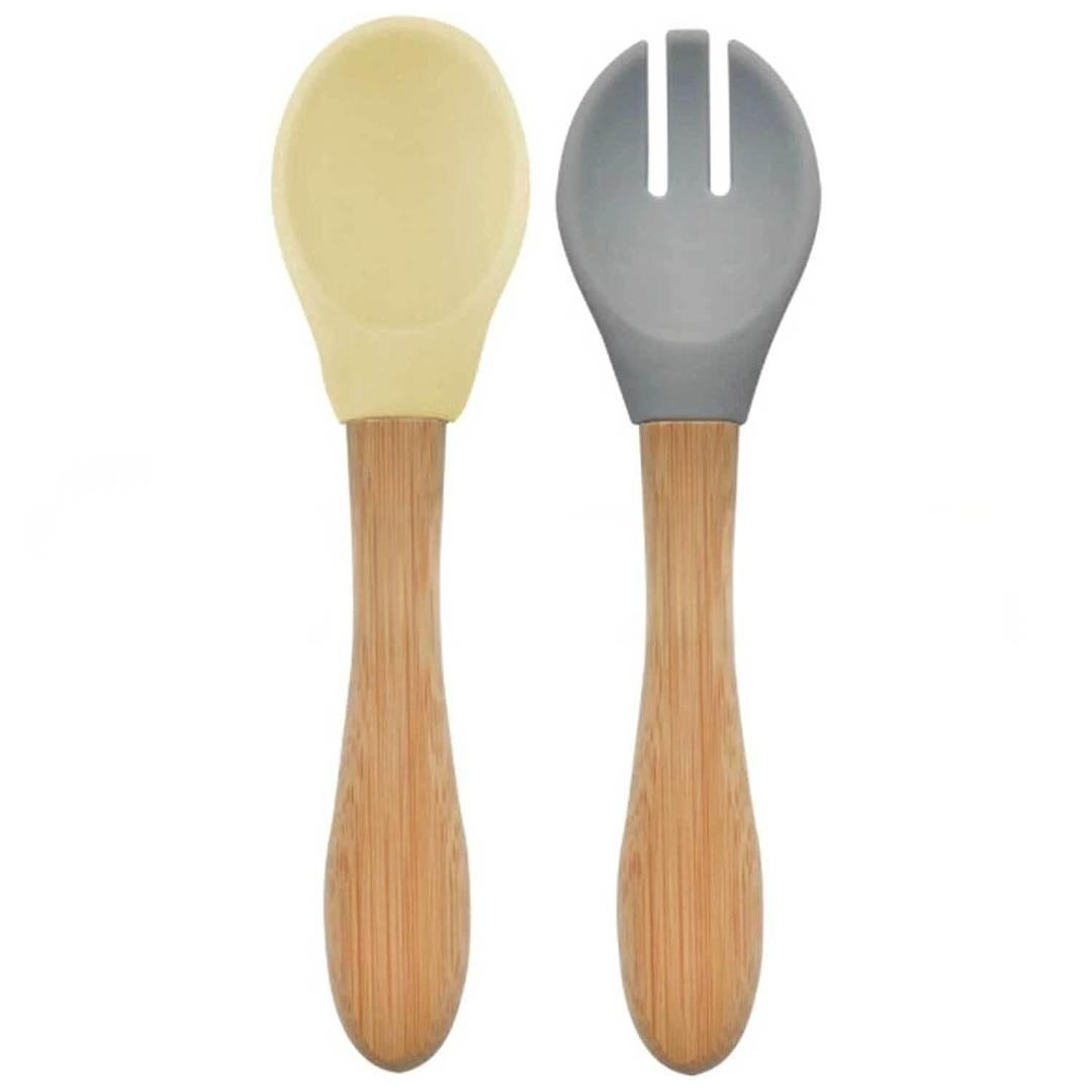 Oioi Silikon Mama Kaşığı & Çatal - Mellow Yellow & Powder Grey
