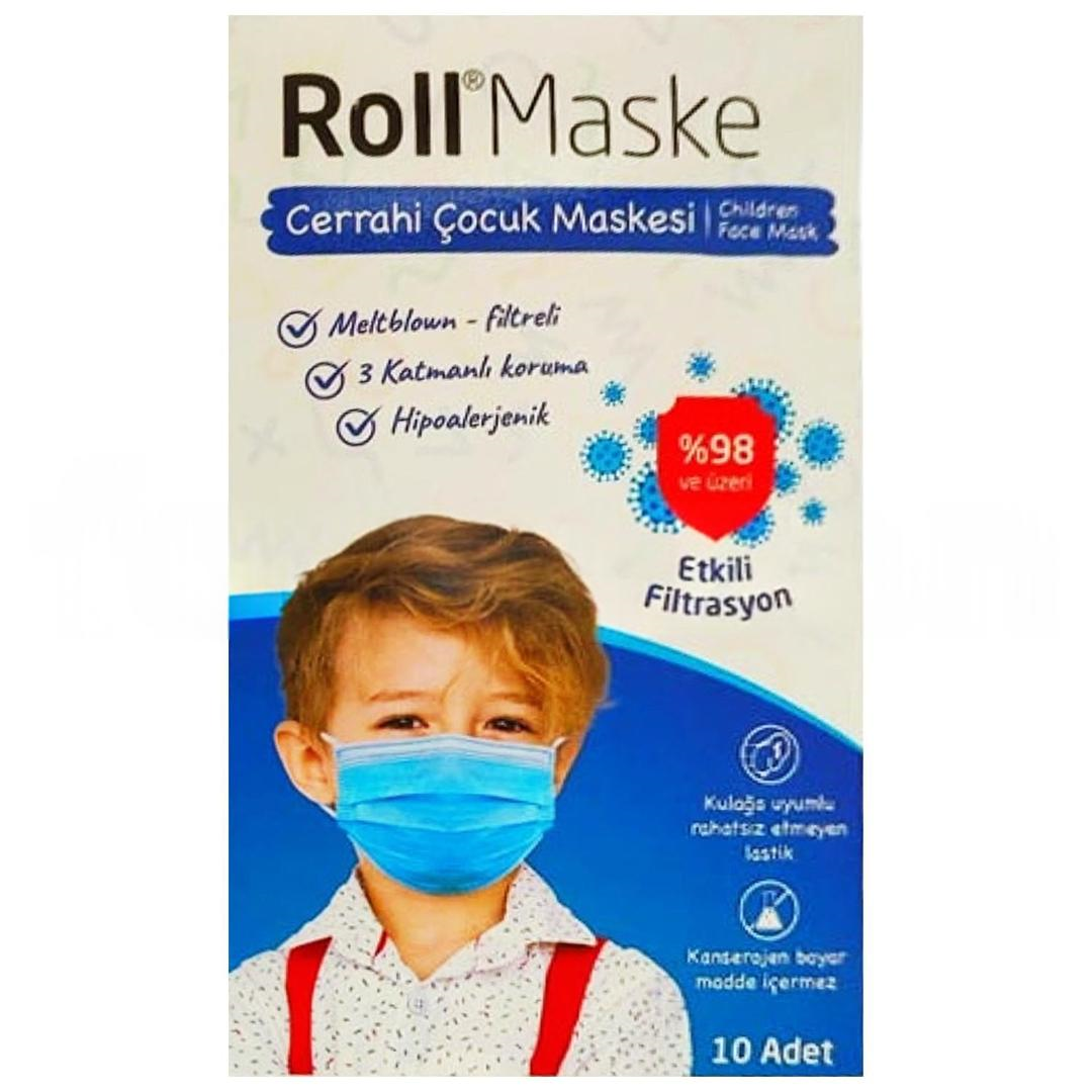 Roll 3 Katlı Mavi Erkek Çocuk Cerrahi Maske Telli 10'lu