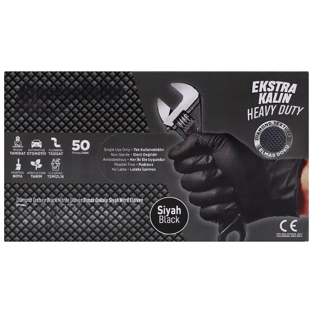 Dolphin Powergrip Pudrasız Siyah Nitril Eldiven Ekstra Kalın Large 50 Adet