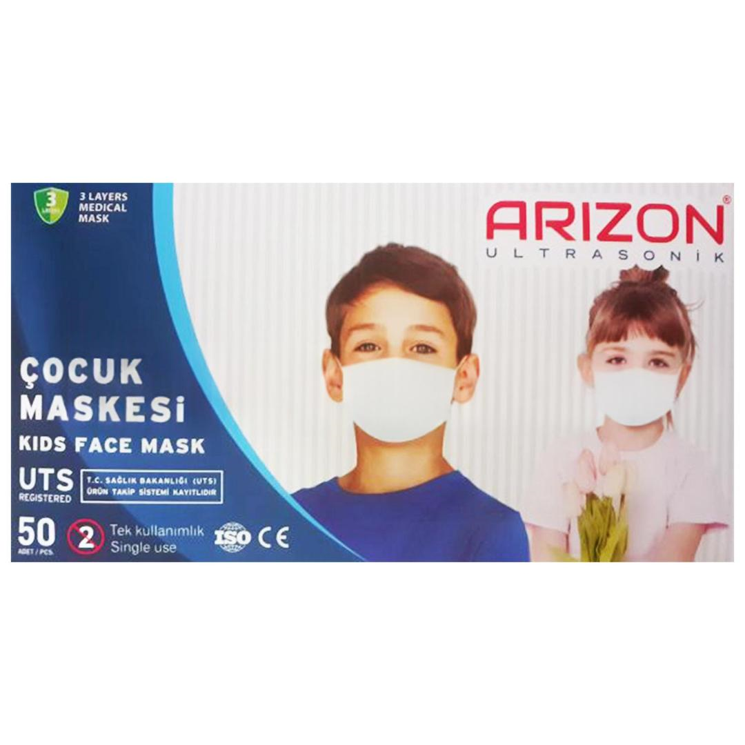 Arizon 3 Katlı 10'lu Paketlenmiş Ultrasonik Beyaz Çocuk Cerrahi Maske Telli 50'li (ÜTS Kayıtlı)