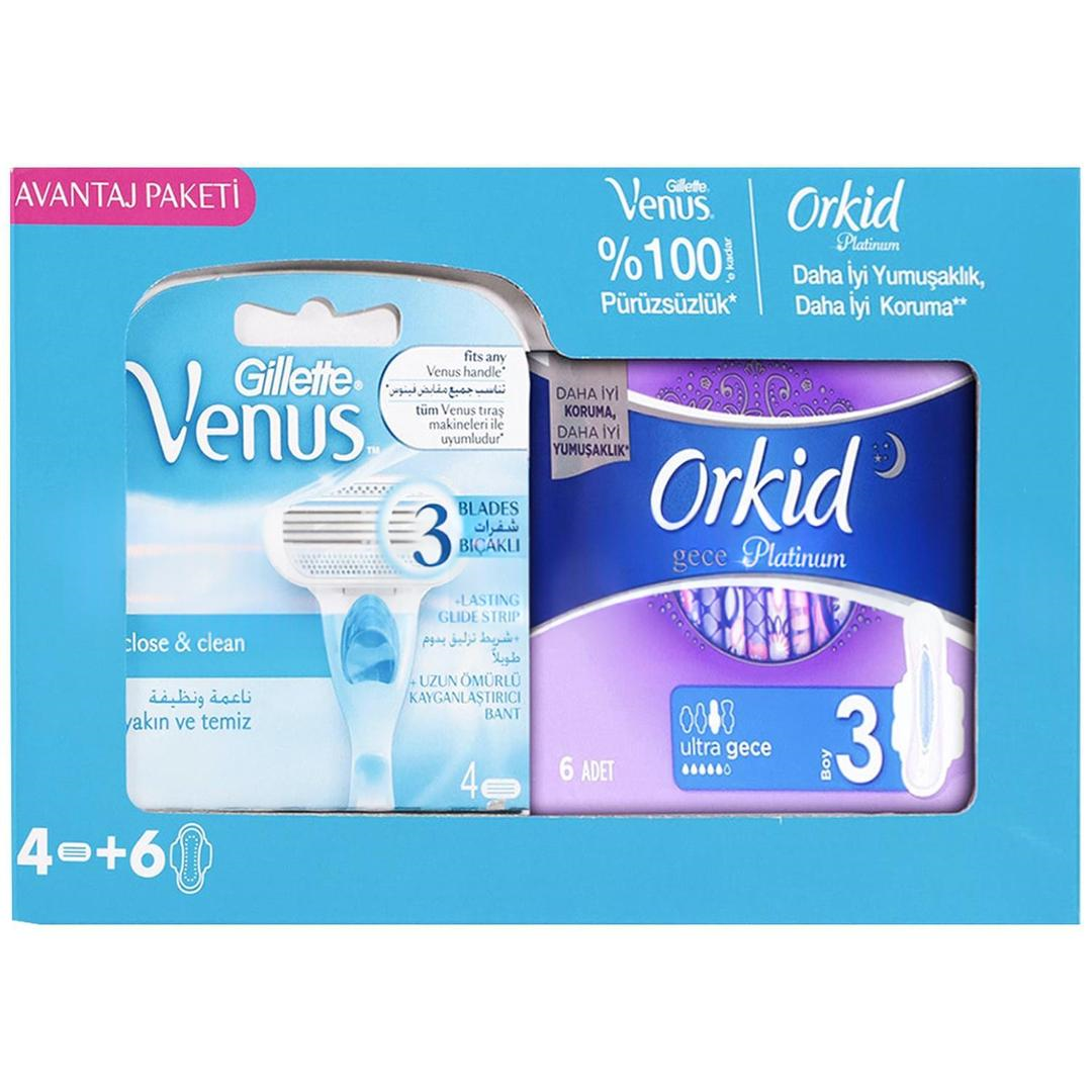 Gillette Venus Yedek Tıraş Bıçağı 4'lü + Orkid Platinum Gece 6'lı Hediyeli