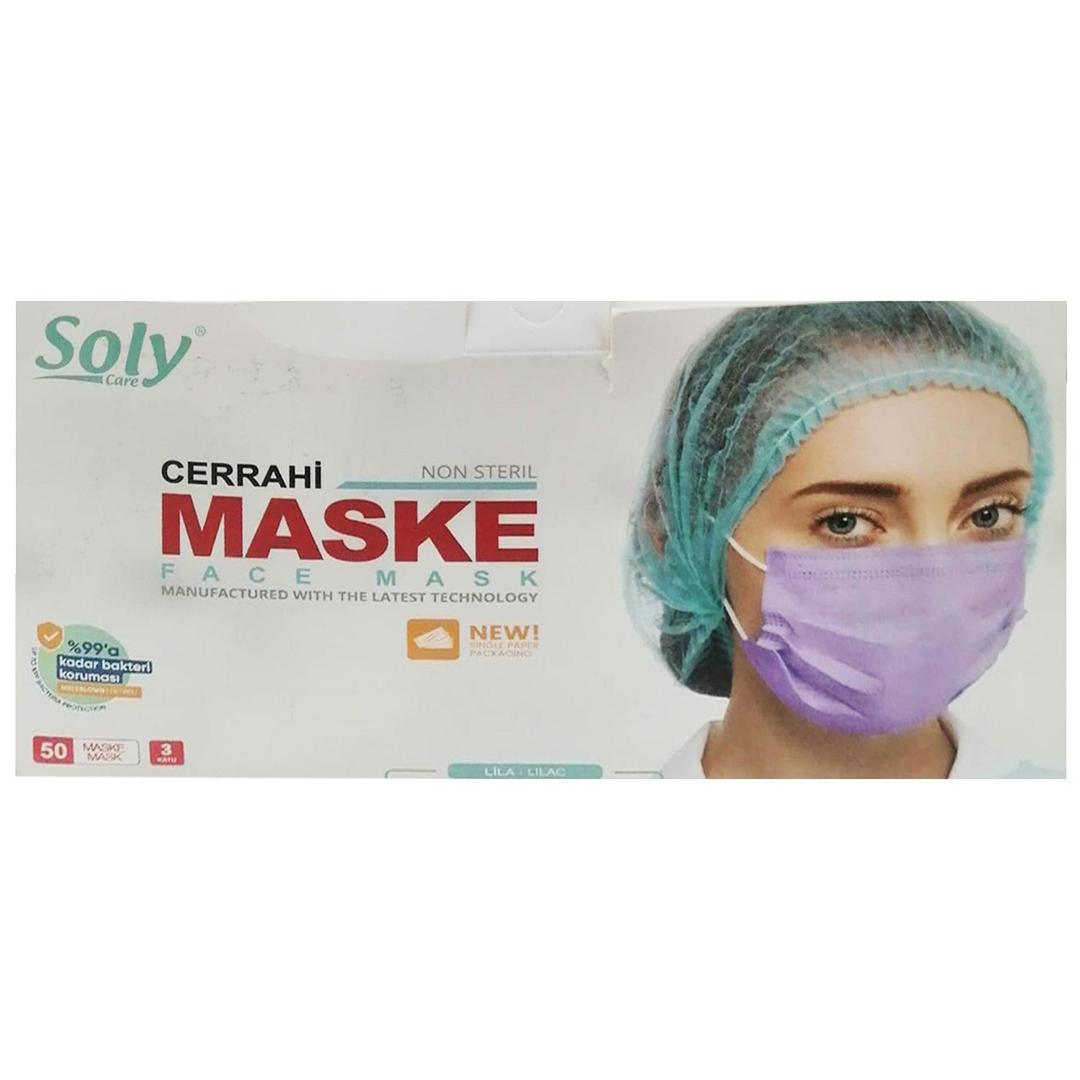 Soly 3 Katlı Full Ultrasonik Tekli Kağıt Ambalajlı Lila Cerrahi Maske Telli 50'li (ÜTS Kayıtlı)