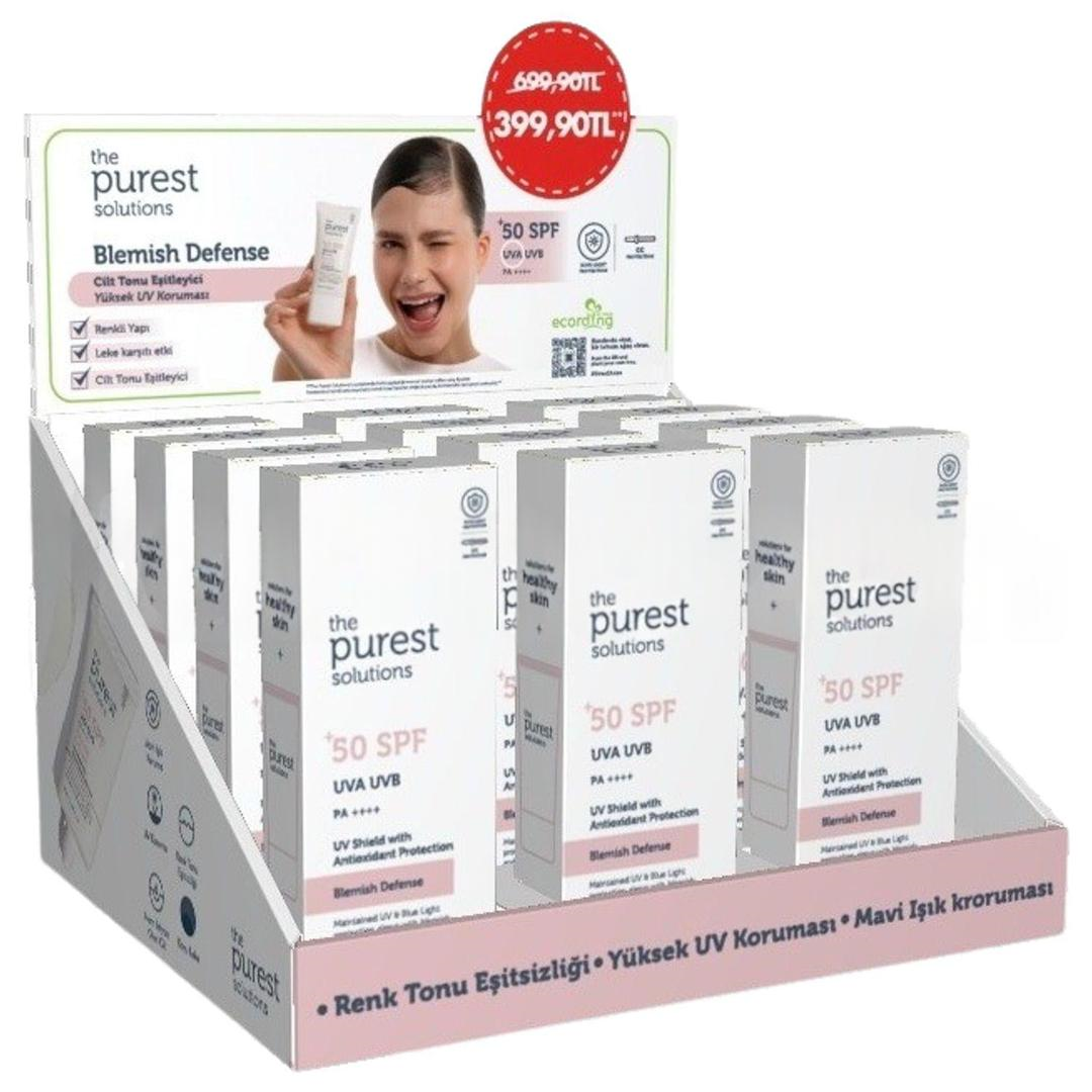 The Purest Solutions Blemish Defense Antioksidan Destekli Lekeli Ciltler İçin Güneş Kremi SPF50+ 50 ml - 12'li Kasa Önü Stand