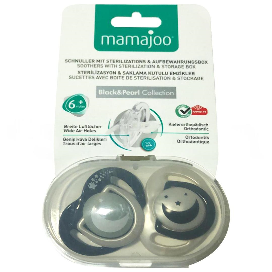 Mamajoo Black & Pearl Ortodontik Emzik & Sterilizasyon Saklama Kutulu 6 Ay+ 2'li - Gece & Gündüz