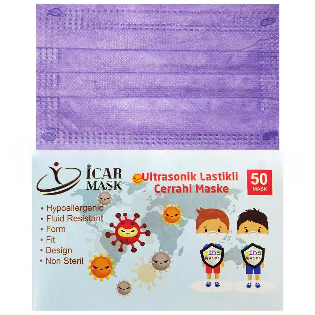 İcar Mask 3 Katlı Full Ultrasonik 10'lu Paketlenmiş Soft Mor Çocuk Cerrahi Maske Telli 50'li