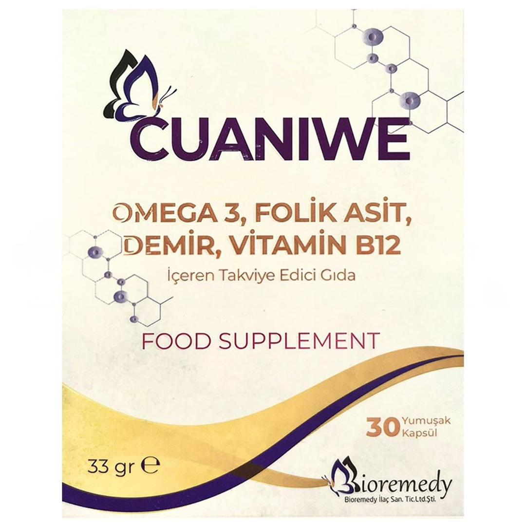 Cuaniwe Omega 3 Folik Asit Demir Vitamin B12 İçeren Takviye Edici Gıda 30 Yumuşak Kapsül