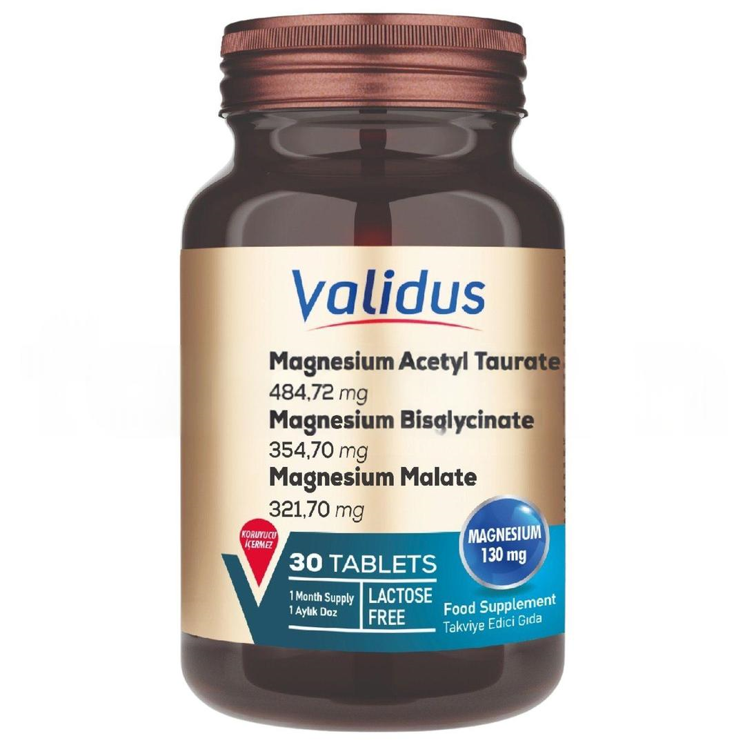 Validus Magnezyum Complex Bisglycinate Taurat Malat Vitamin B6 Vitamin D3 1000 Ünite 30 Tablet