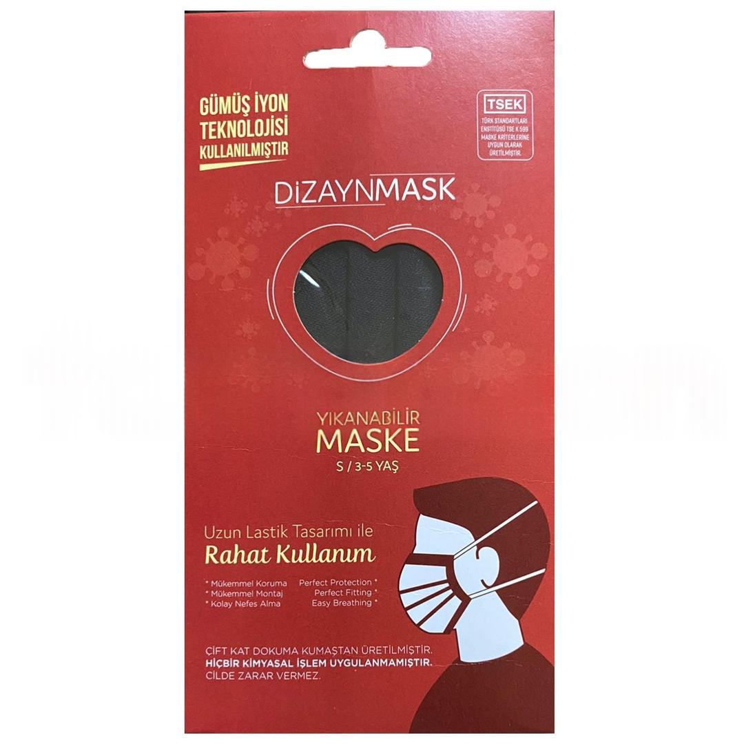 Dizayn Mask Gümüş İyonlu Yıkanabilir Bez Maske Siyah Small 3-5 Yaş