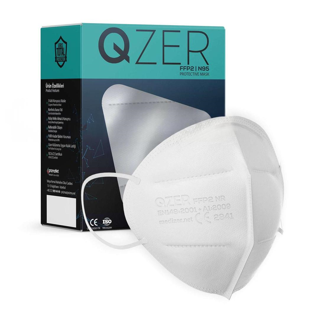 Medizer 5 Katlı FFP2 N95 Qzer Beyaz Koruyucu Maske Telli 30'lu