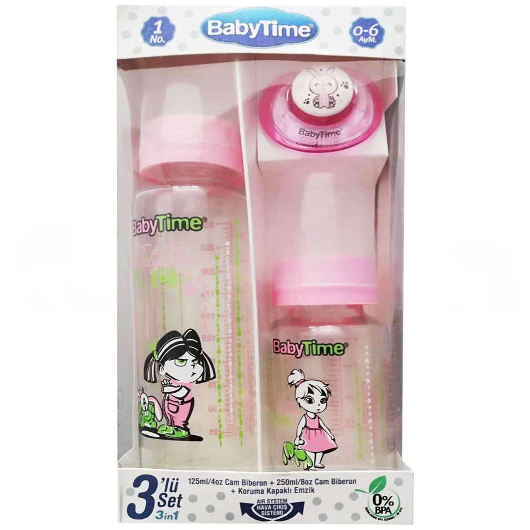 Baby Time 3'lü Set - Cam Biberon 125 ml + Cam Biberon 250 ml + Koruma Kapaklı Emzik No: 1 - Pembe
