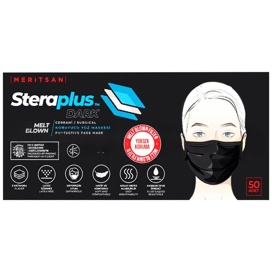 Steraplus 3 Katlı 10'lu Paketlenmiş Lastikli Siyah Cerrahi Maske Telli 50'li