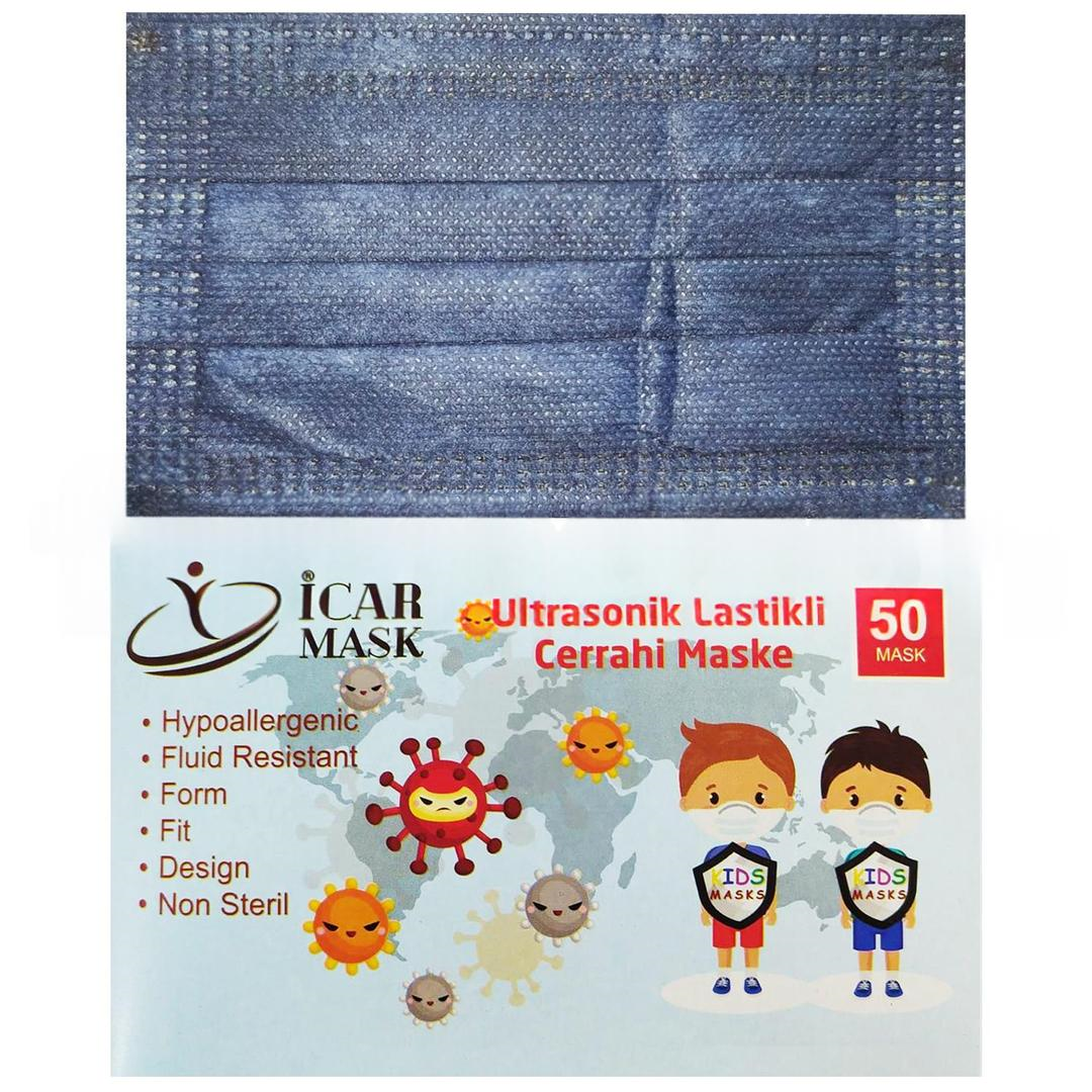İcar Mask 3 Katlı Full Ultrasonik 10'lu Paketlenmiş Kot Mavi Çocuk Cerrahi Maske Telli 50'li