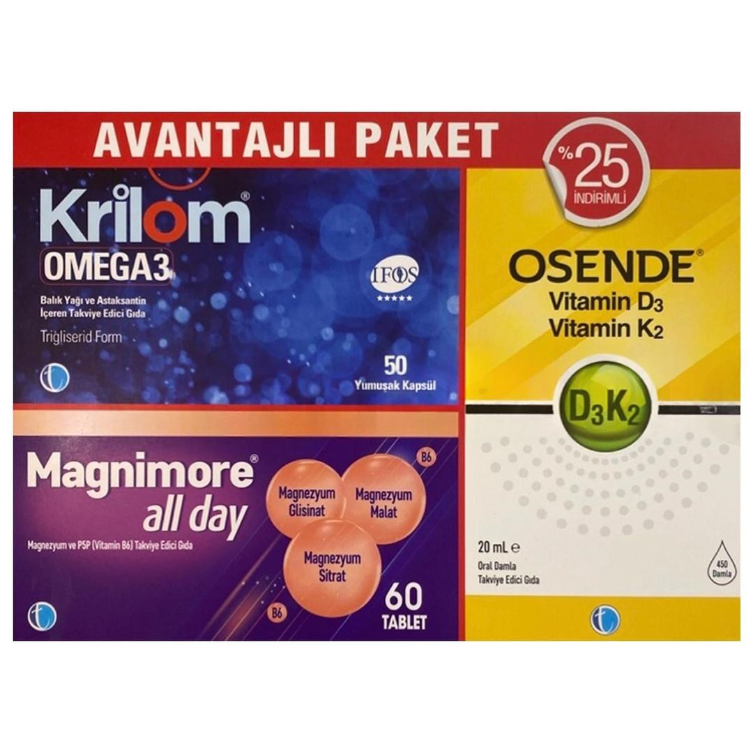 Krilom Omega3 50 Kapsül+ Magnimore Allday 60 Tablet + Osende D3k2 20 ml Avantajlı Paket