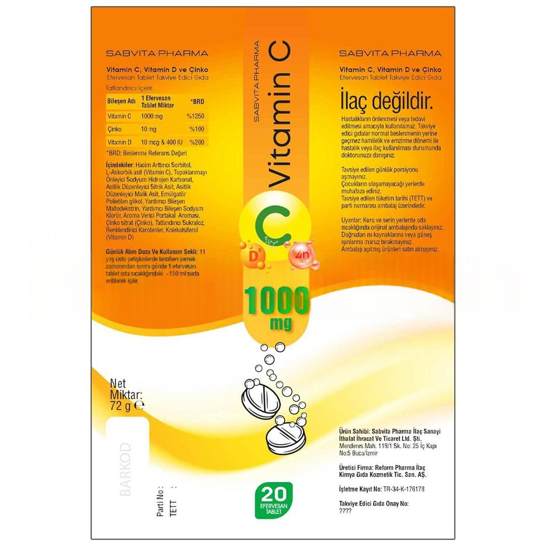 Sabvita Vitamin C Viamin D ve Çinko 20 Efervesan Tablet