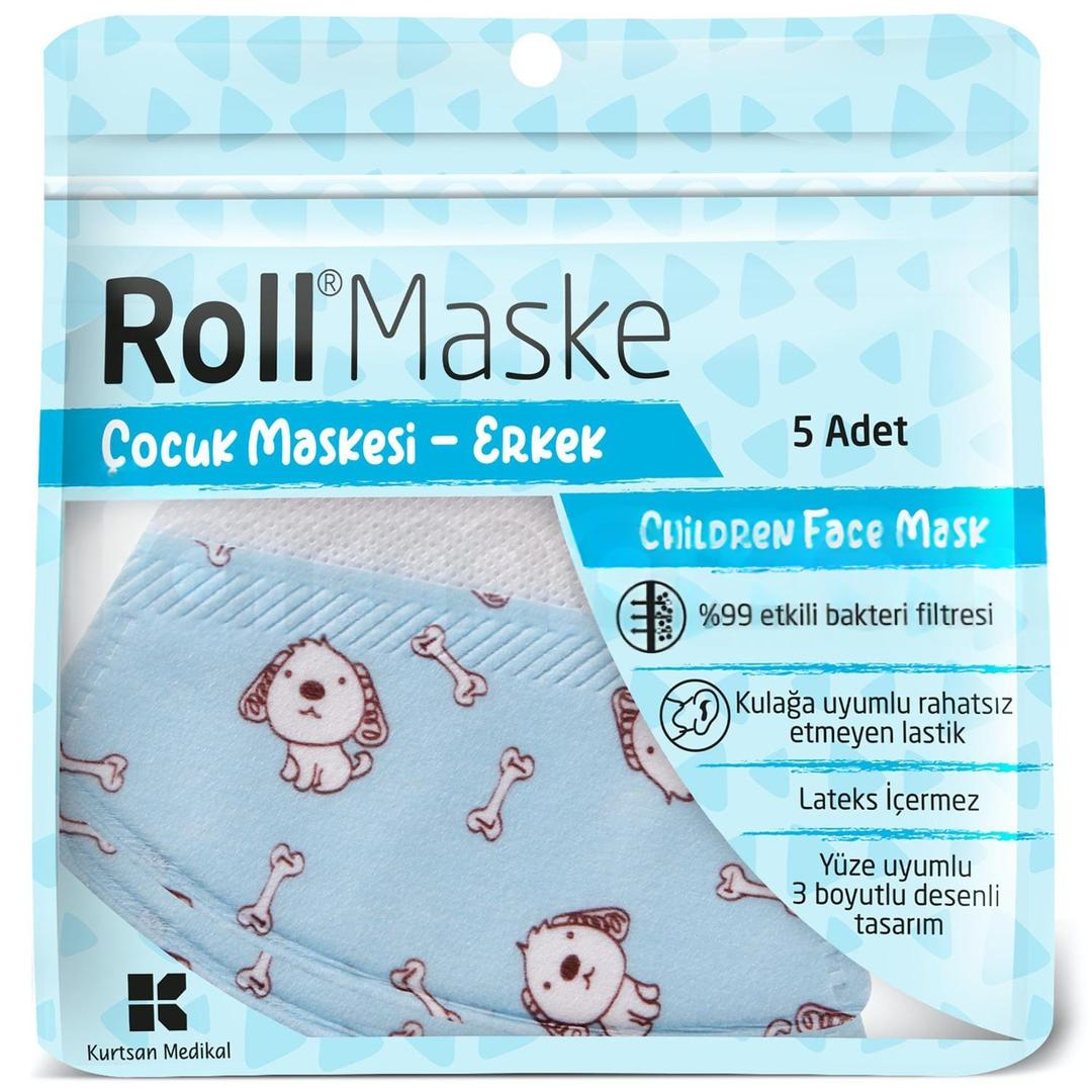 Roll 3 Katlı Desenli Erkek Çocuk Koruyucu Maske 5'li