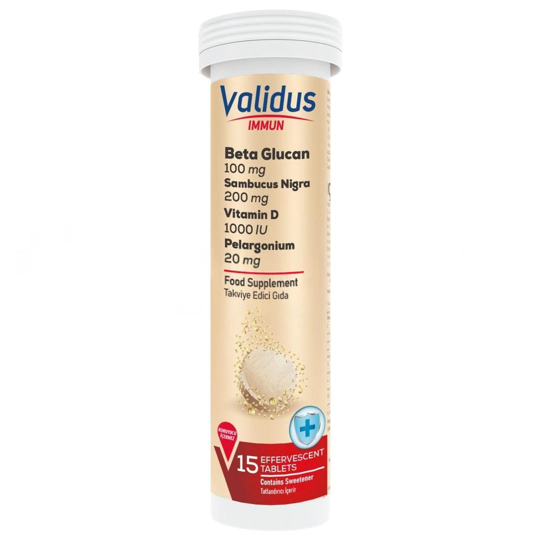 Validus Immun Beta Glucan + Echinacea+ Sambucus Nigra + Coenzyme Q10 + Pelargonium 15 Efervesan Tablet