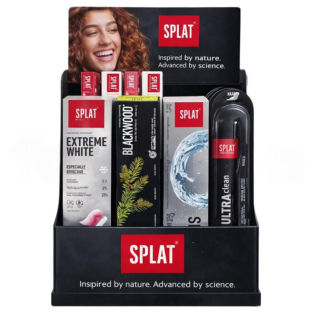 Splat Diş Macunu Masa Üstü Stant 30'lu - Blackwood 75 ml 6 Adet - Extreme White 75 ml 6 Adet + White Plus 100 ml 6 Adet + Biocalcium 100 ml 6 Adet + Fırça 6 Adet