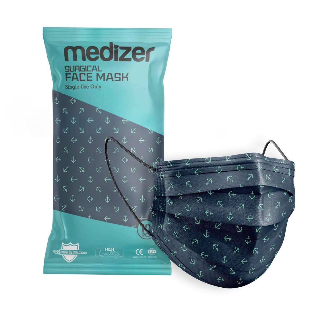 Medizer 3 Katlı Meltblown Yeşil Çapa Desenli Cerrahi Maske Telli 10'lu - 20 Adet
