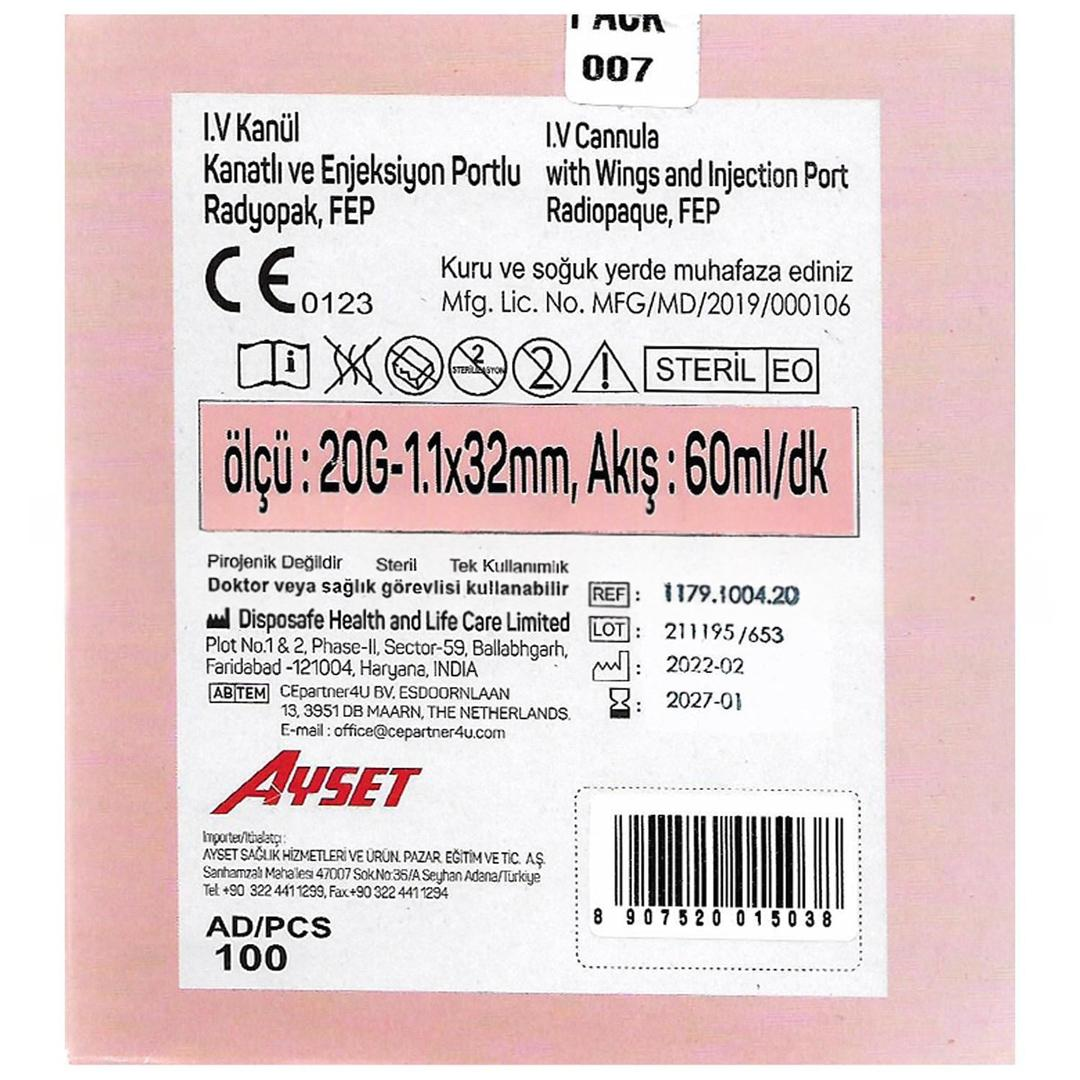 Ayset Branül İntraket Anjioket I.V. Kanül Pembe 20G 100'lü