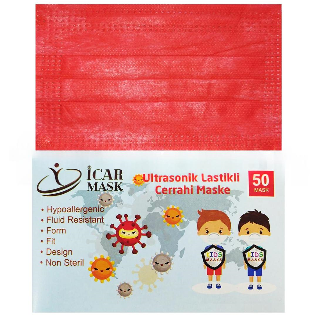 İcar Mask 3 Katlı Full Ultrasonik 10'lu Paketlenmiş Kırmızı Çocuk Cerrahi Maske Telli 50'li