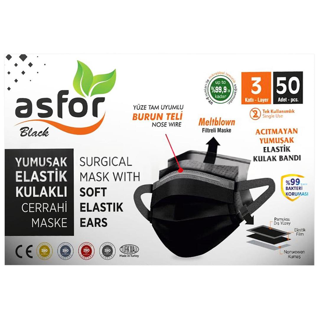 Asfor 3 Katlı Meltblown Siyah Cerrahi Maske Telli 50'li